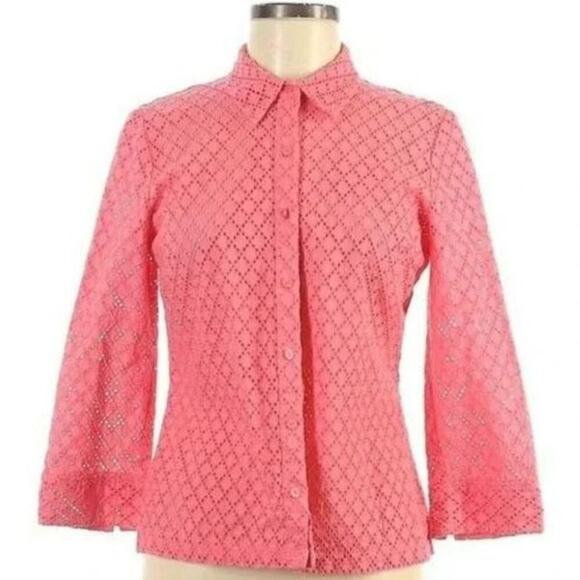 Sigrid Olsen Pink Orange Knitted Button-Up Eyelet Blouse Size Medium Top - Picture 1 of 7